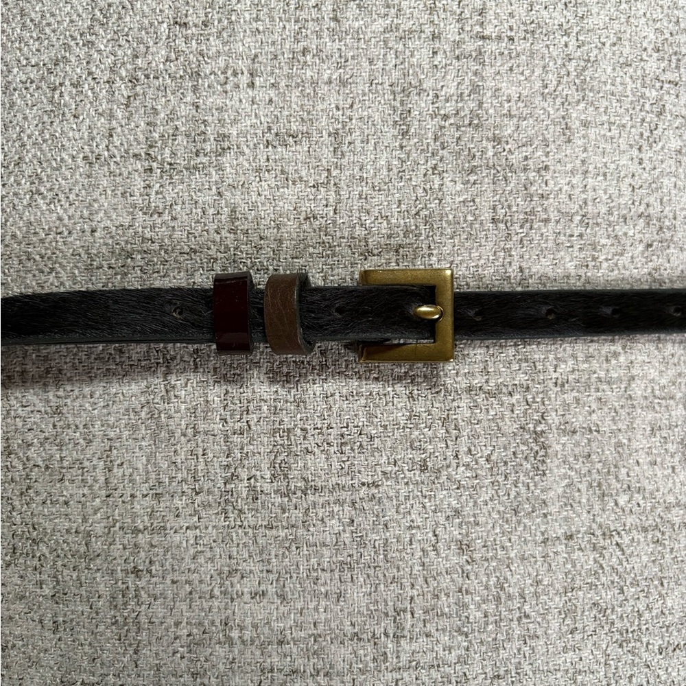 NWOT Black Cowhide Belt with Brown Leather and Burgundy Patent Leather Loops